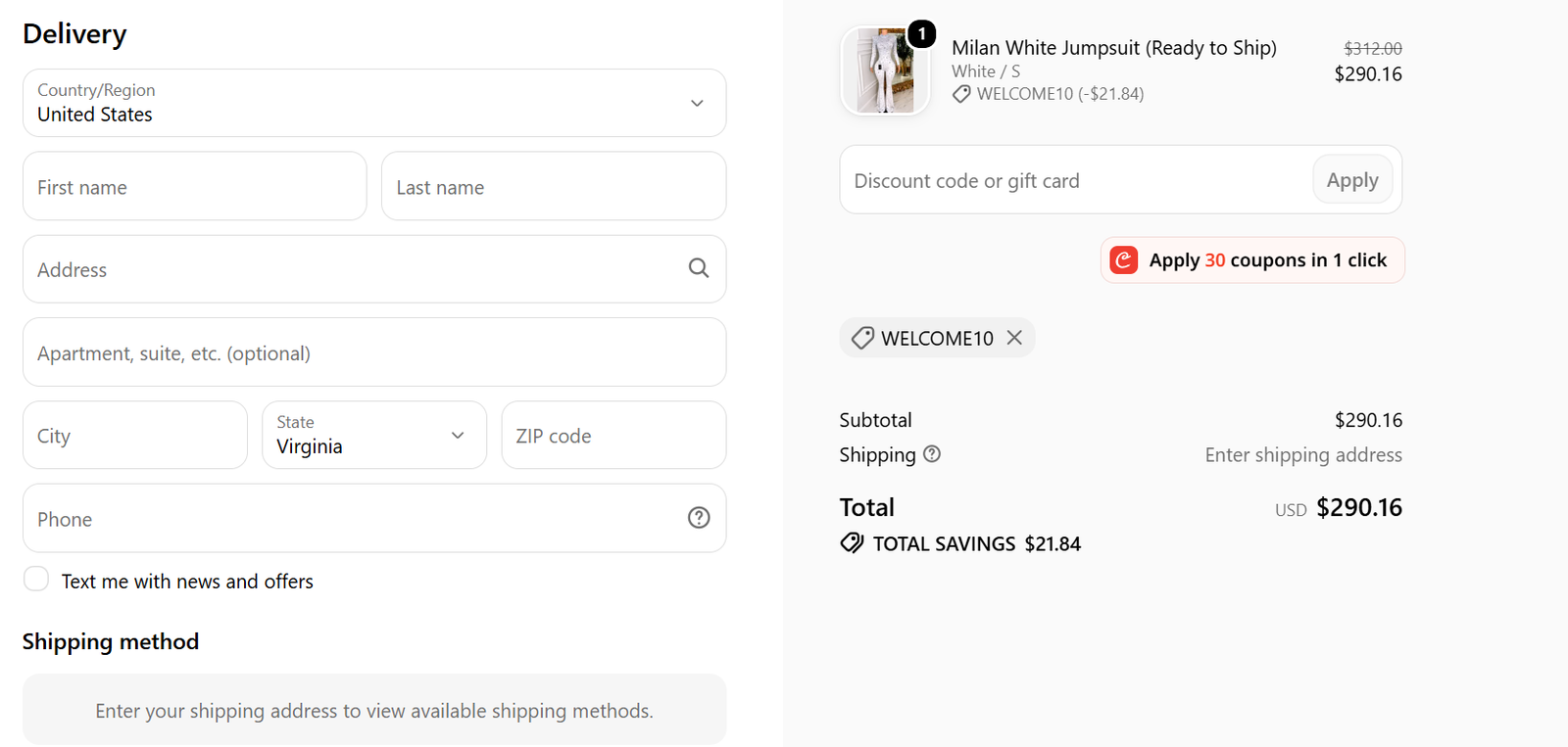Amekana checkout screenshot showing the supplied coupon evidence