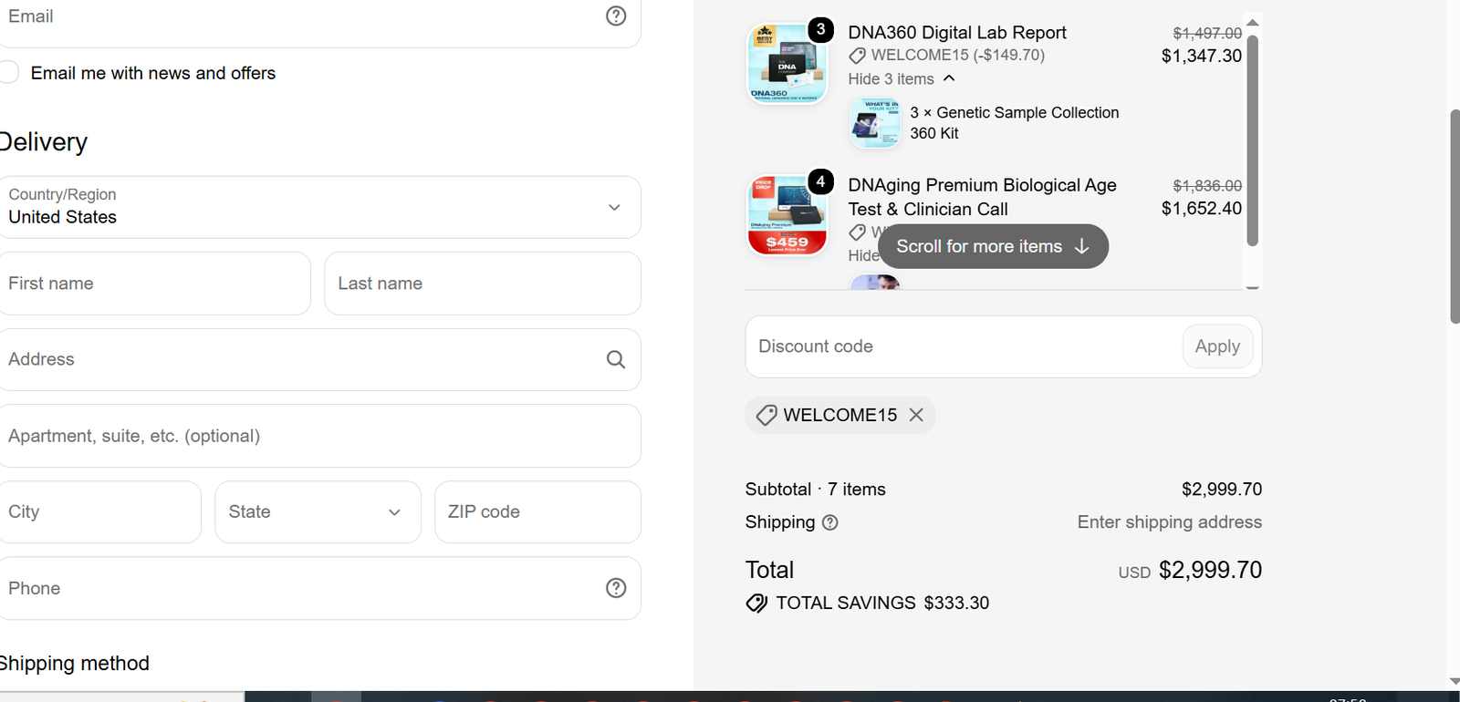 The DNA Company checkout screenshot showing the supplied coupon evidence