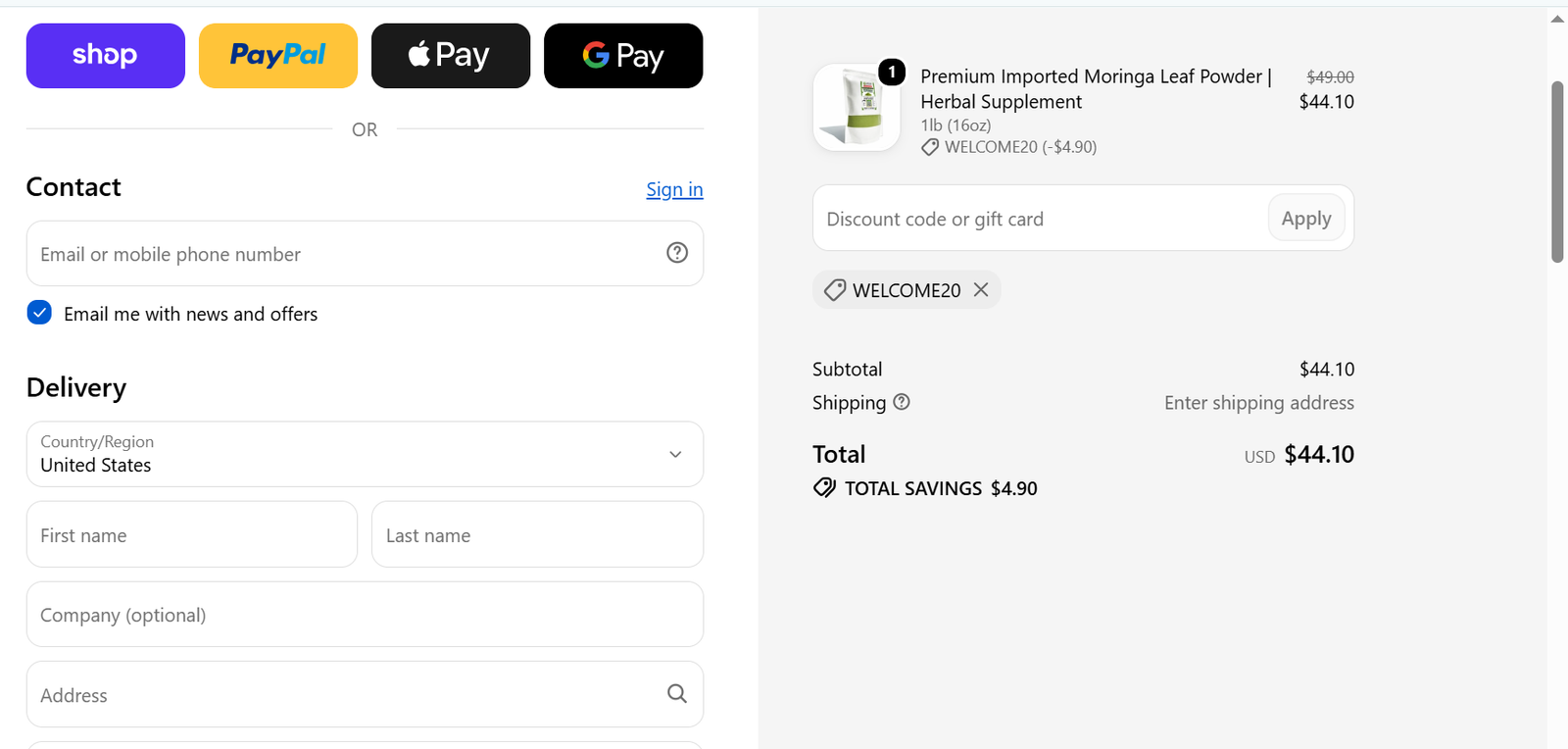 Grow Moringa checkout screenshot showing the supplied coupon evidence