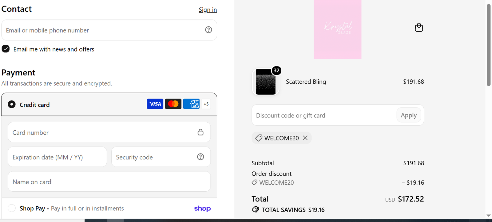 Krystal Glaze checkout screenshot showing the supplied coupon evidence