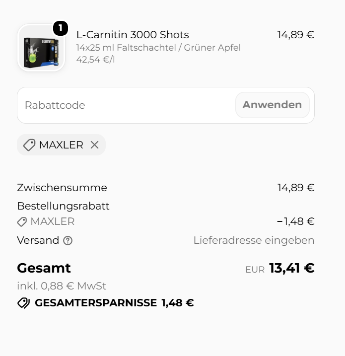 Maxler checkout screenshot showing the supplied coupon evidence